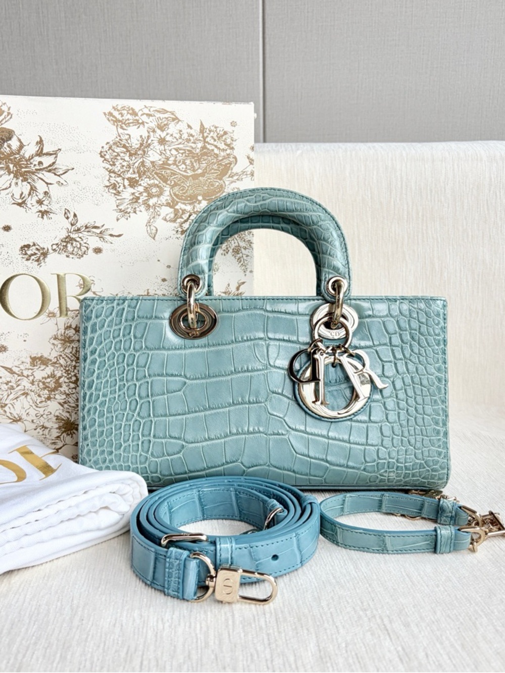 Dior  | D-Joy Medium Crocodile Mint Blue Croc-Embossed Leather Top-Handle Bag